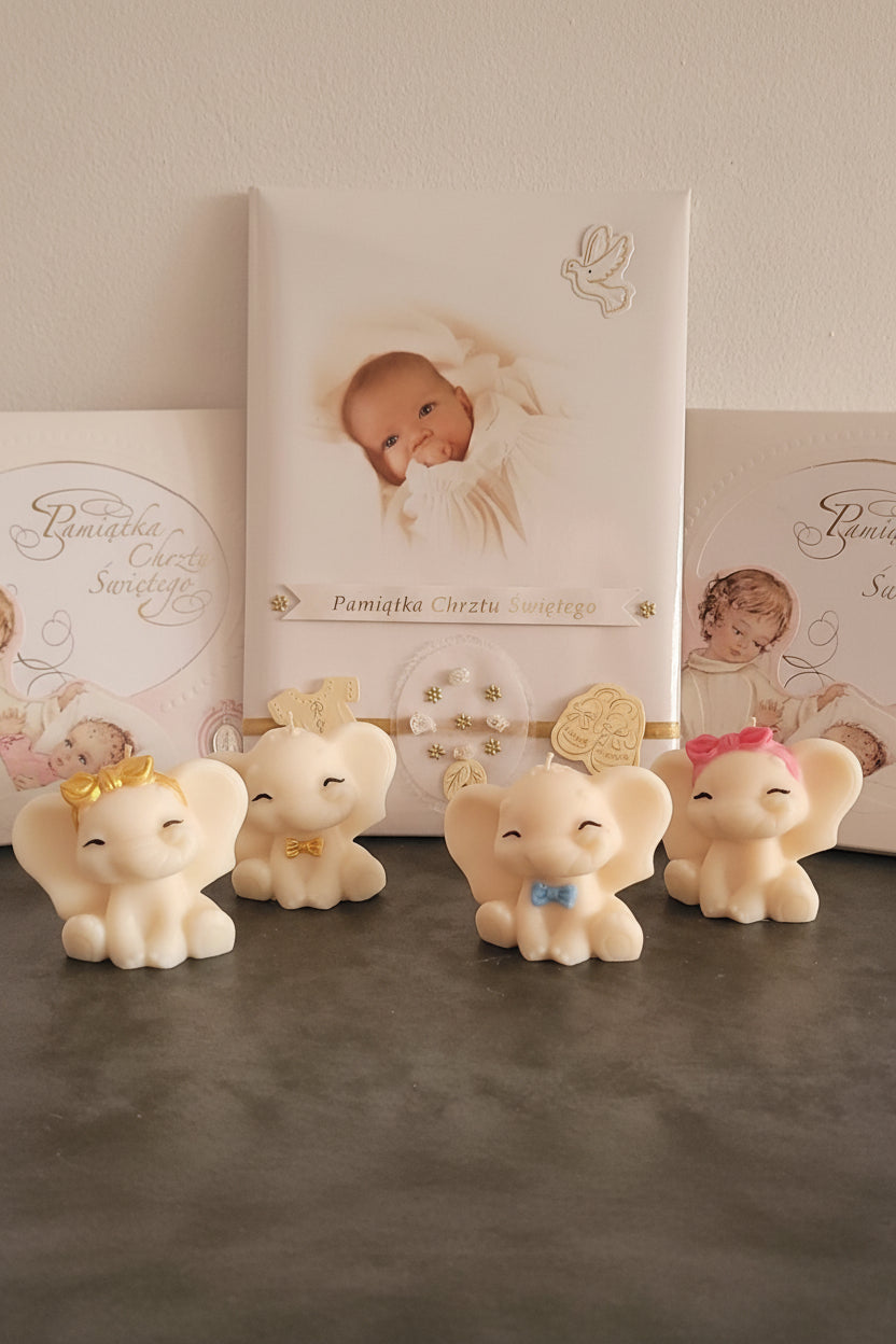 Świeca sojowa słonik — pamiątka na Pierwszą Komunię Świętą | Candle by Ann